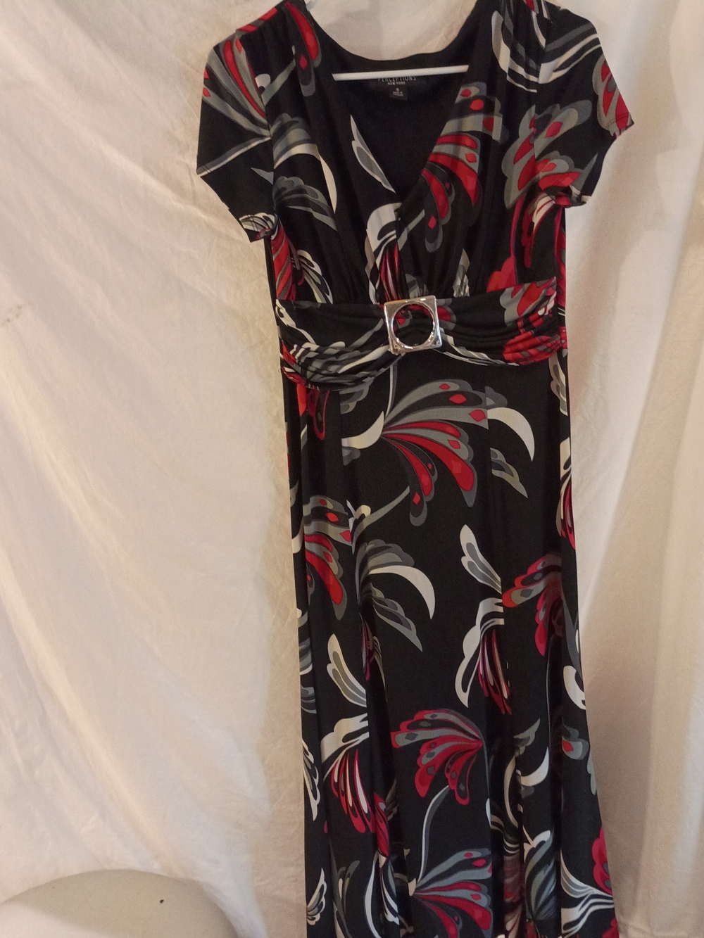 Perceptions Black Maxi Dress with Red and Gray Floral Print